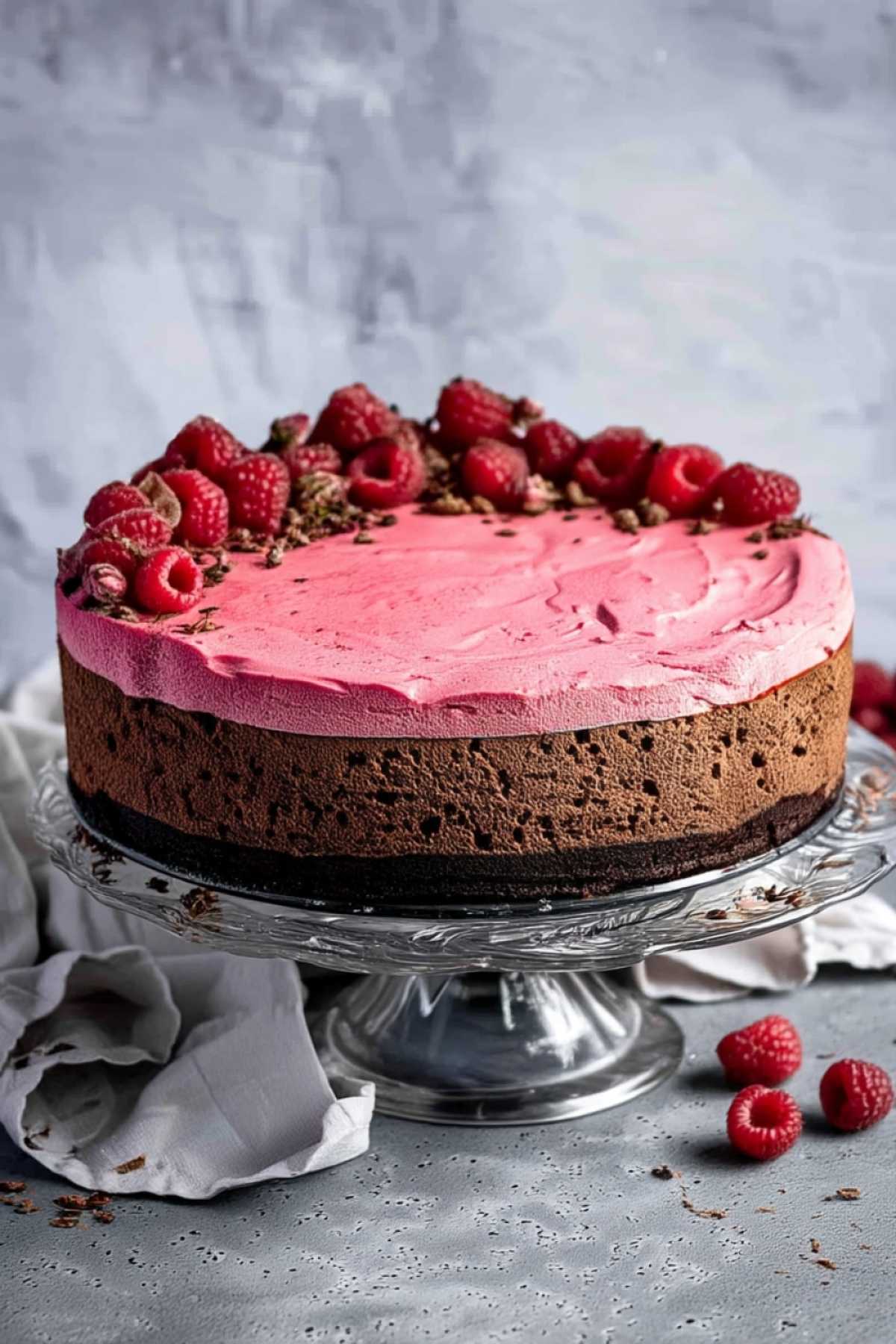 Whole vegan chocolate raspberry mousse cake decorated with fresh raspberries