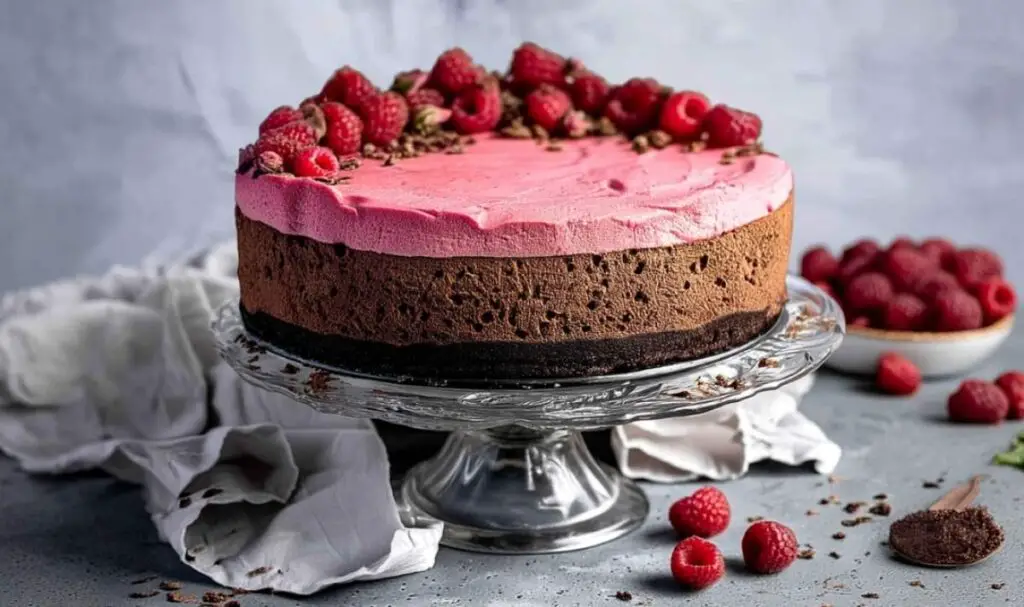 Ingredients for vegan chocolate raspberry mousse cake arranged on marble counter