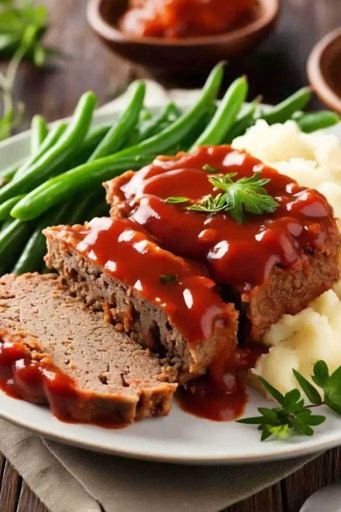 Sliced warming meatloaf recipe served on white plate with mashed potatoes and green beans
