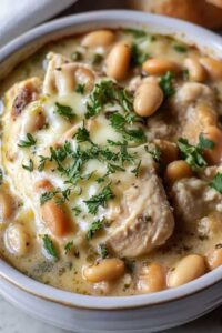 White chicken chili simmering in a large pot on stovetop