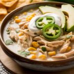 White chicken chili simmering in Dutch oven pot