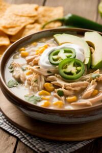White chicken chili simmering in Dutch oven pot