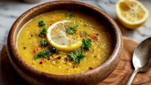 Anti-inflammatory golden lemon lentil soup with turmeric in white bowl garnished with fresh parsley