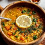 Anti-inflammatory golden lemon lentil soup with turmeric in white bowl garnished with fresh parsley