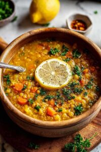 Anti-inflammatory golden lemon lentil soup with turmeric in white bowl garnished with fresh parsley
