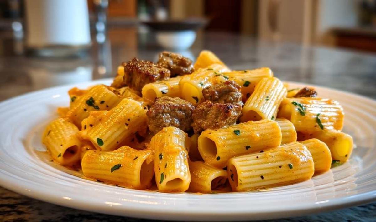 Cajun Steak Tips in Cheesy Rigatoni