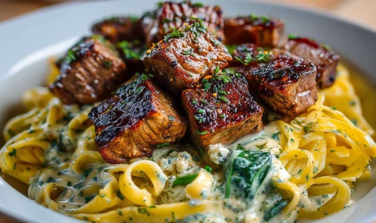 Garlic Steak Bites & Creamy Linguine Pasta