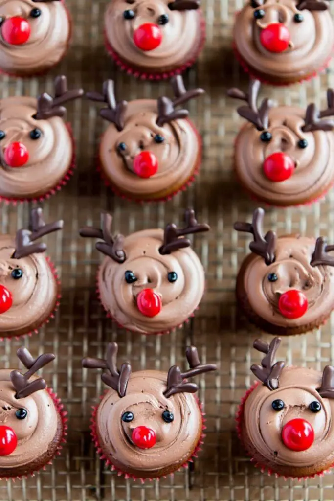 Kids making easy reindeer cupcakes in kitchen with decorating supplies and finished treats