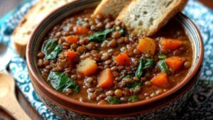Hearty lentil stew simmering in large pot with wooden spoon