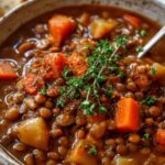 Hearty lentil stew simmering in large pot with wooden spoon