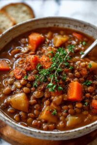 Hearty lentil stew simmering in large pot with wooden spoon