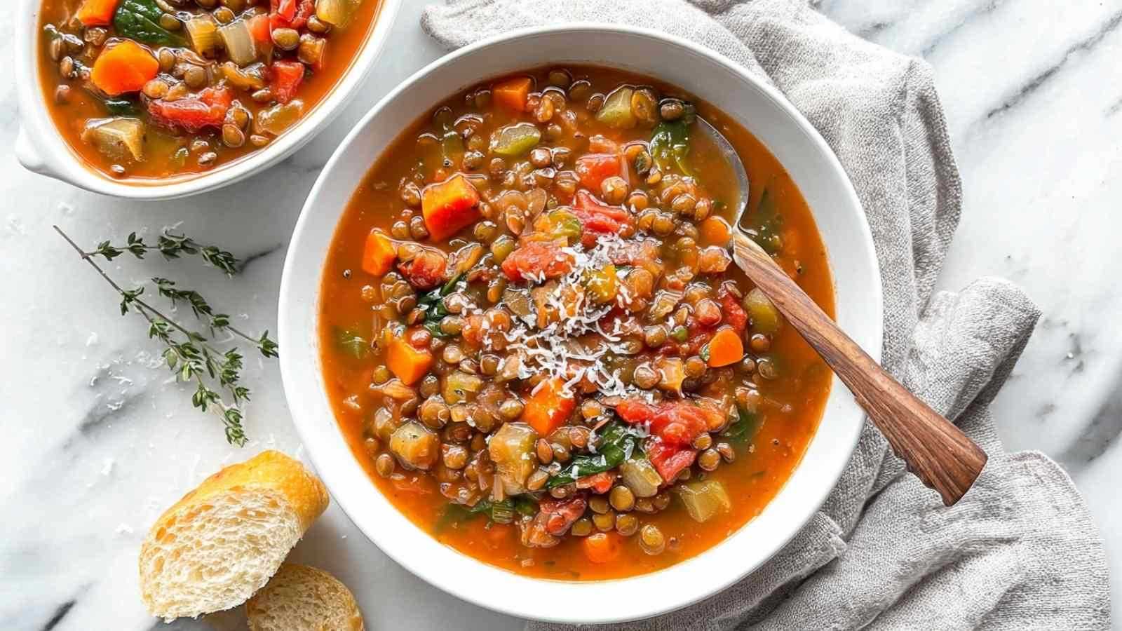 Hearty minestrone lentil soup in white bowl with parmesan cheese and crusty bread