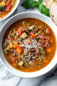 Hearty minestrone lentil soup in white bowl with parmesan cheese and crusty bread