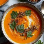 Spiced carrot and lentil soup in white bowl garnished with herbs