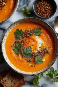 Spiced carrot and lentil soup in white bowl garnished with herbs