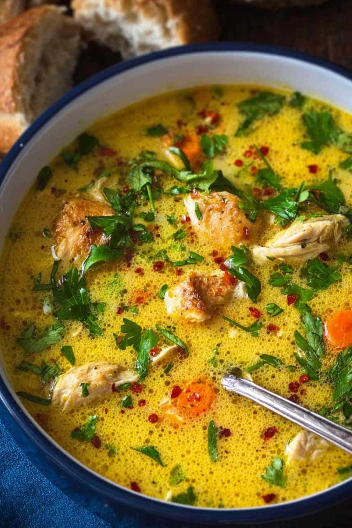 Anti-inflammatory turmeric chicken soup in white bowl garnished with cilantro