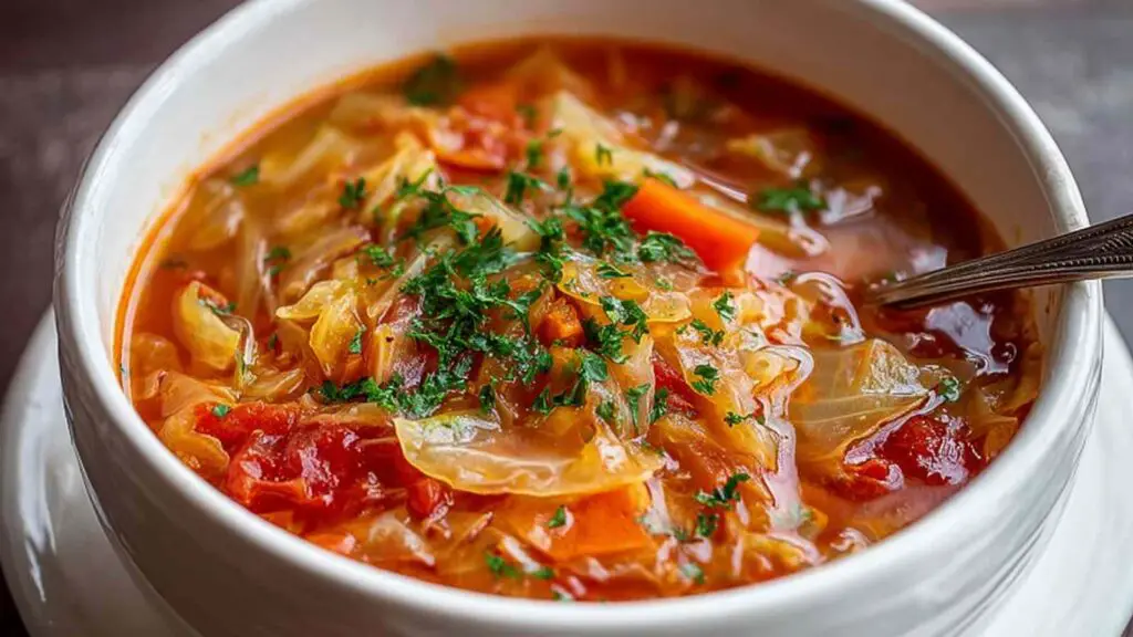 Best cabbage soup in white bowl garnished with fresh parsley