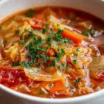 Best cabbage soup in white bowl garnished with fresh parsley