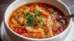 Best cabbage soup in white bowl garnished with fresh parsley