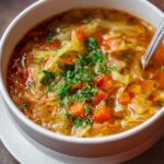 Best cabbage soup in white bowl garnished with fresh parsley