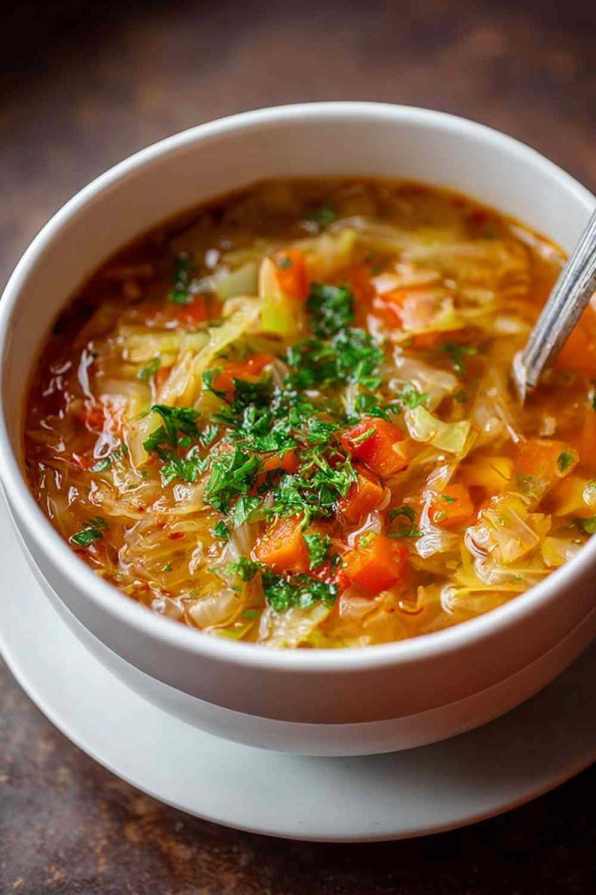 Best cabbage soup in white bowl garnished with fresh parsley