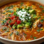 Bowl of chicken enchilada soup topped with cheese, sour cream, and cilantro