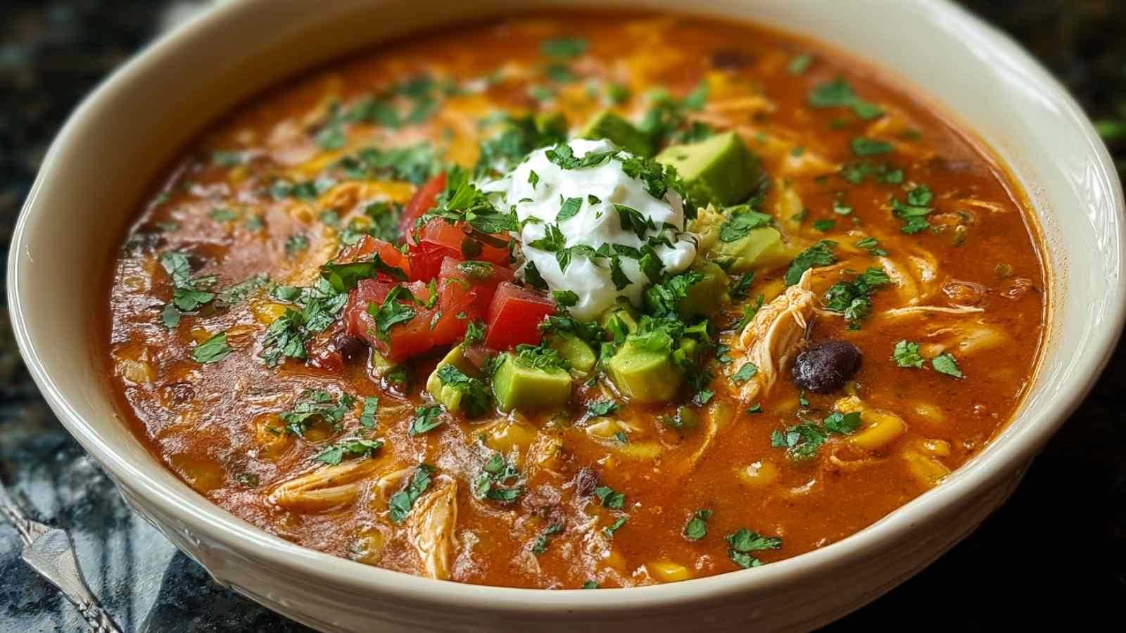 Bowl of chicken enchilada soup topped with cheese, sour cream, and cilantro