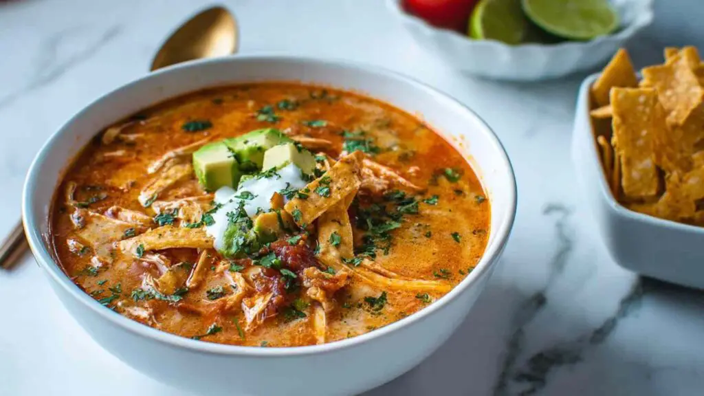 Creamy chicken tortilla soup in white bowl topped with tortilla strips and cheese