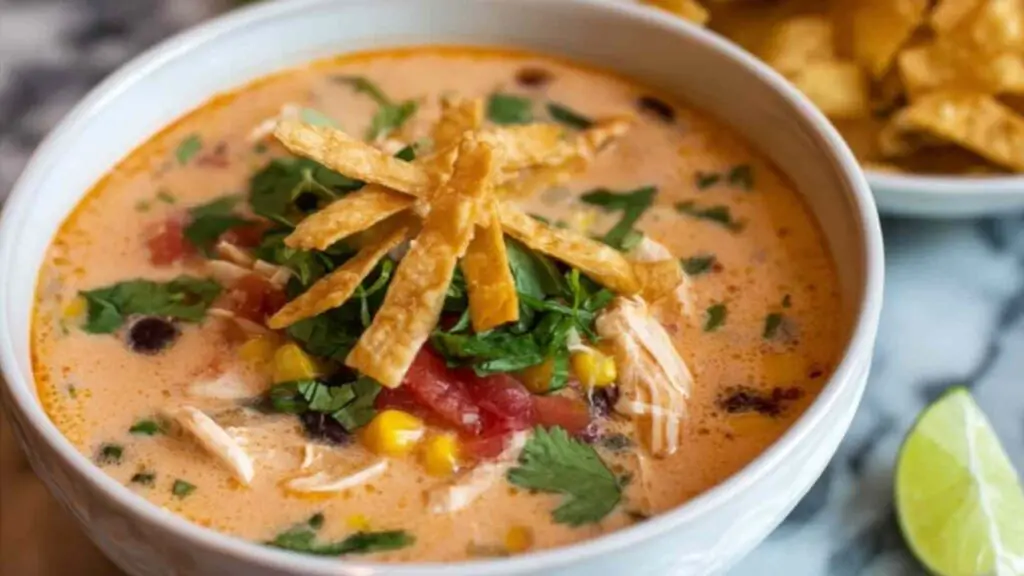 Creamy chicken tortilla soup in white bowl topped with cheese, cilantro, and tortilla strips