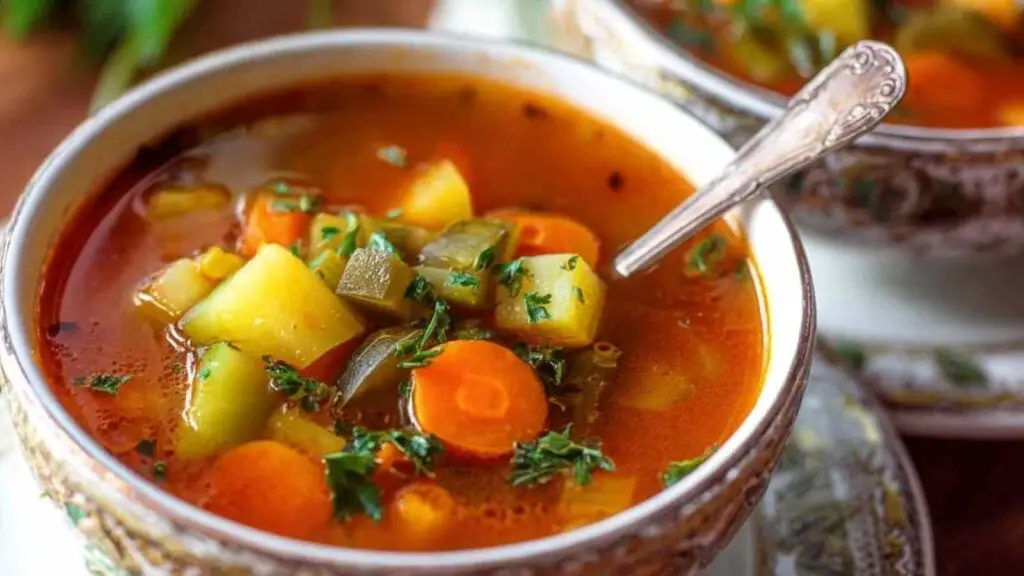 Easy vegetable soup in white bowl with crusty bread