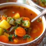 Easy vegetable soup in white bowl with crusty bread