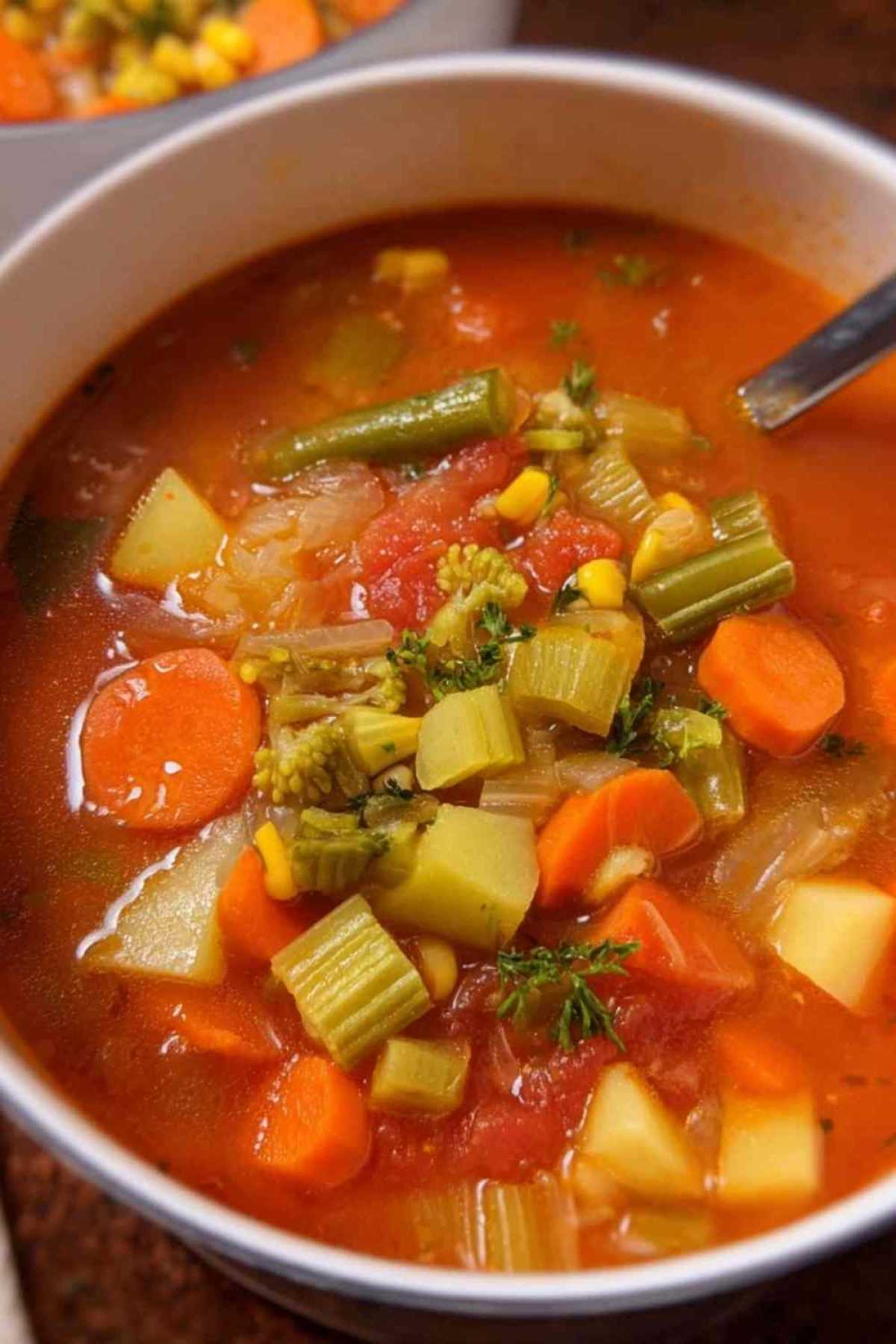 Easy vegetable soup in white bowl with crusty bread