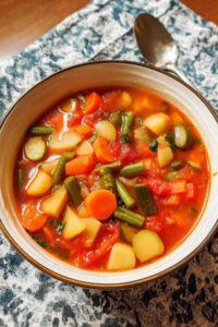 Fresh vegetable soup in white bowl with carrots celery potatoes