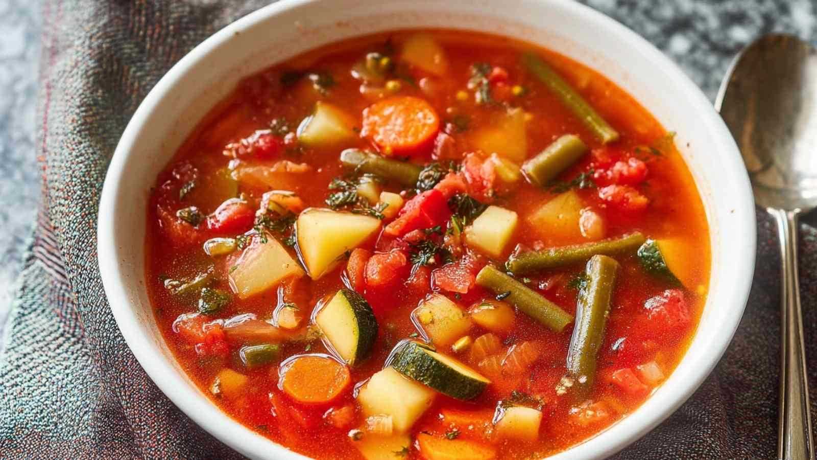 Fresh vegetable soup in white bowl with carrots celery potatoes