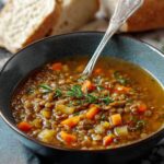 Hearty lentil soup recipe served in white bowl with crusty bread