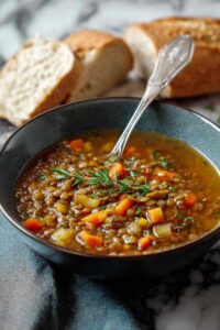 Hearty lentil soup recipe served in white bowl with crusty bread