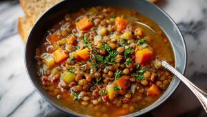 Hearty lentil soup recipe served in white bowl with crusty bread