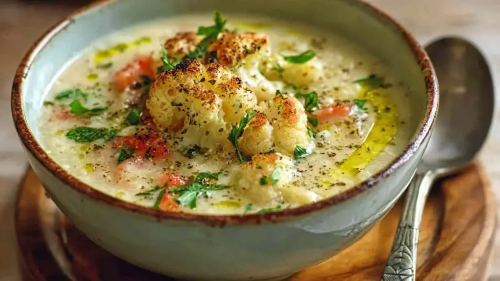 Golden roasted cauliflower florets on parchment-lined baking sheet for Mediterranean cauliflower soup