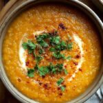 One pot creamy carrot lentil soup in white bowl with parsley garnish