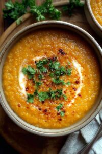One pot creamy carrot lentil soup in white bowl with parsley garnish