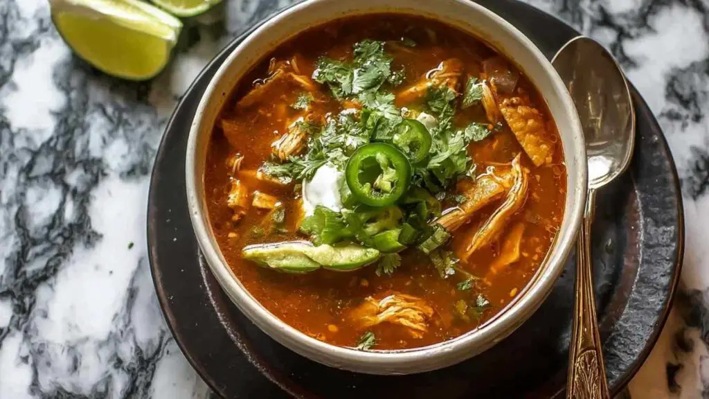 Poblano chicken tortilla soup in white bowl with avocado cilantro tortilla strips