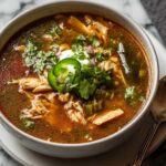 Poblano chicken tortilla soup in white bowl with avocado cilantro tortilla strips