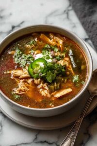 Poblano chicken tortilla soup in white bowl with avocado cilantro tortilla strips