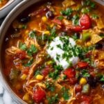 Super easy chicken tortilla soup in white bowl topped with crispy tortilla