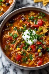 Super easy chicken tortilla soup in white bowl topped with crispy tortilla