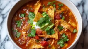 Super easy chicken tortilla soup in white bowl topped with crispy tortilla