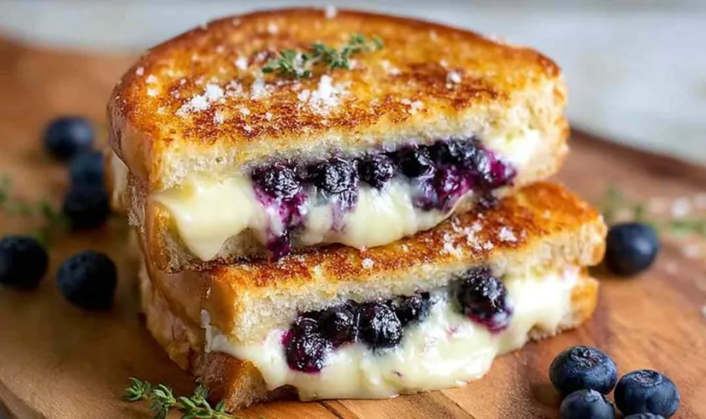 Golden crispy blueberry grilled cheese sandwich cut in half showing melted cheese and purple jam