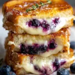 Golden crispy blueberry grilled cheese sandwich cut in half showing melted cheese and purple jam