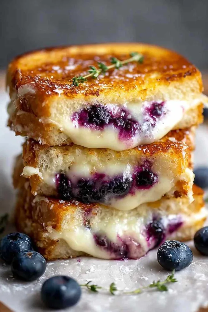 Golden crispy blueberry grilled cheese sandwich cut in half showing melted cheese and purple jam
