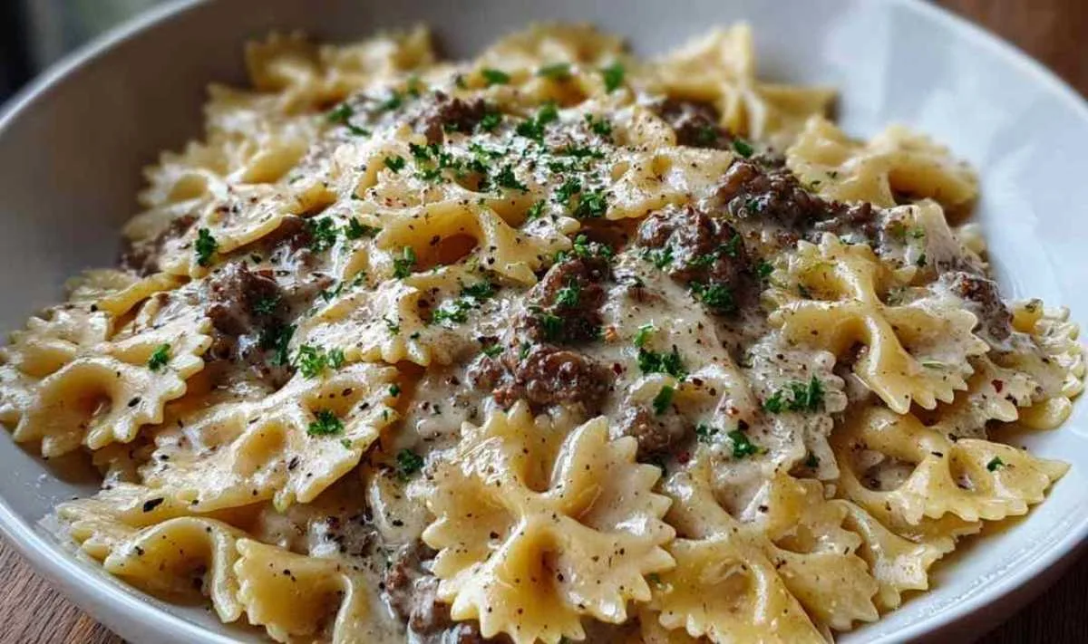 Creamy Parmesan Garlic Beef Bowtie Pasta